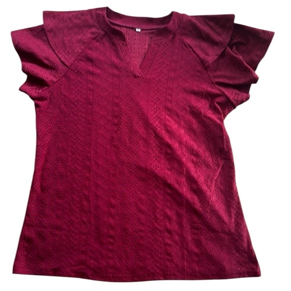 NWOT Eyelet notched flutter sleeve tshirt - Vneck-wine color-very soft. - Picture 1 of 8